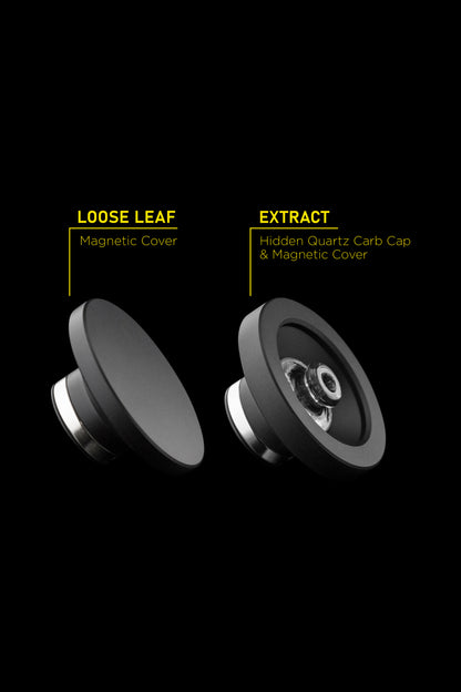 Magnetic carb caps for cannabis concentrates and flower, labeled "Loose Leaf" and "Extract."