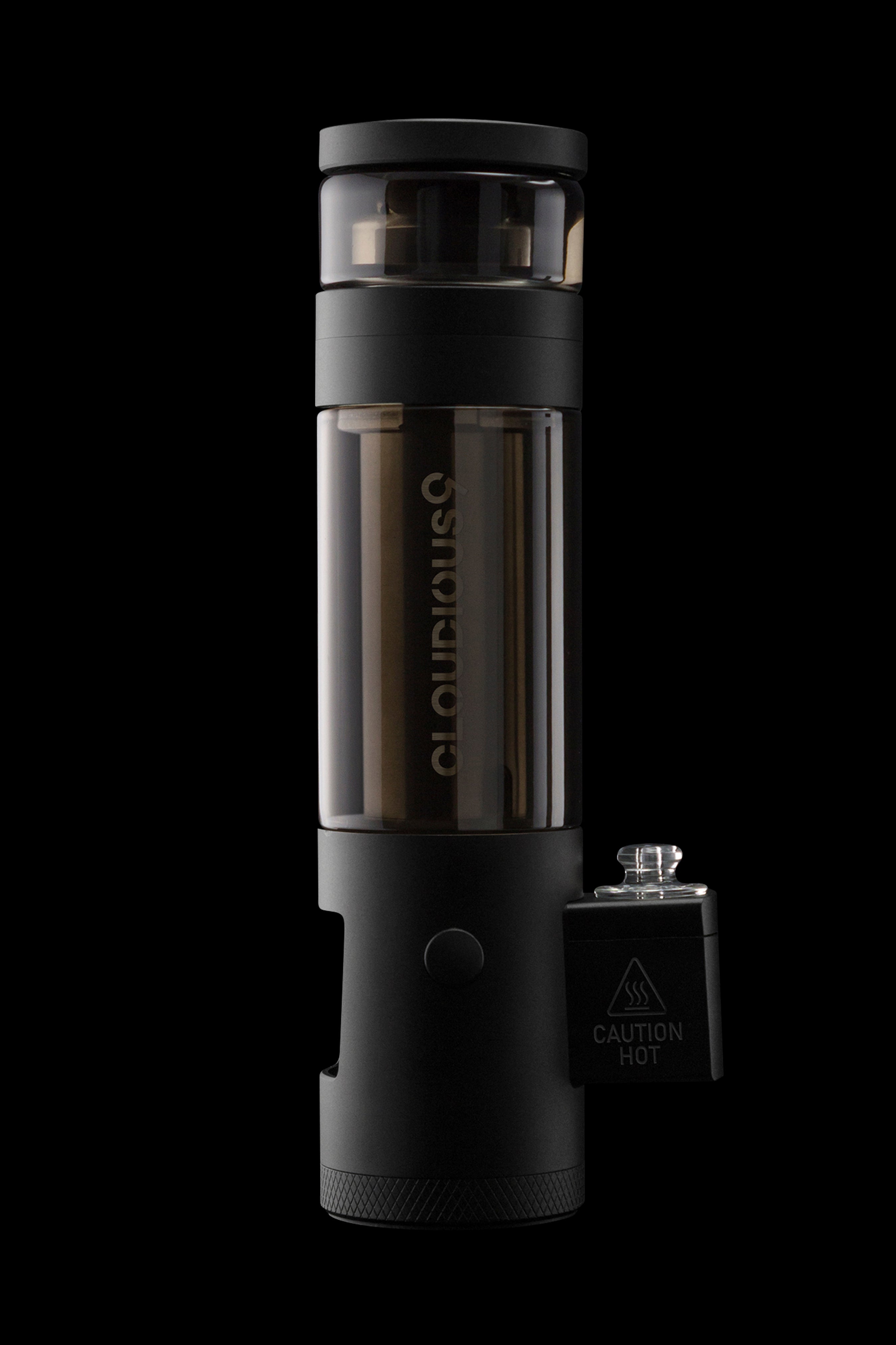 Black cannabis vaporizer with a glass chamber, displaying the brand name "Cloudious" vertically.