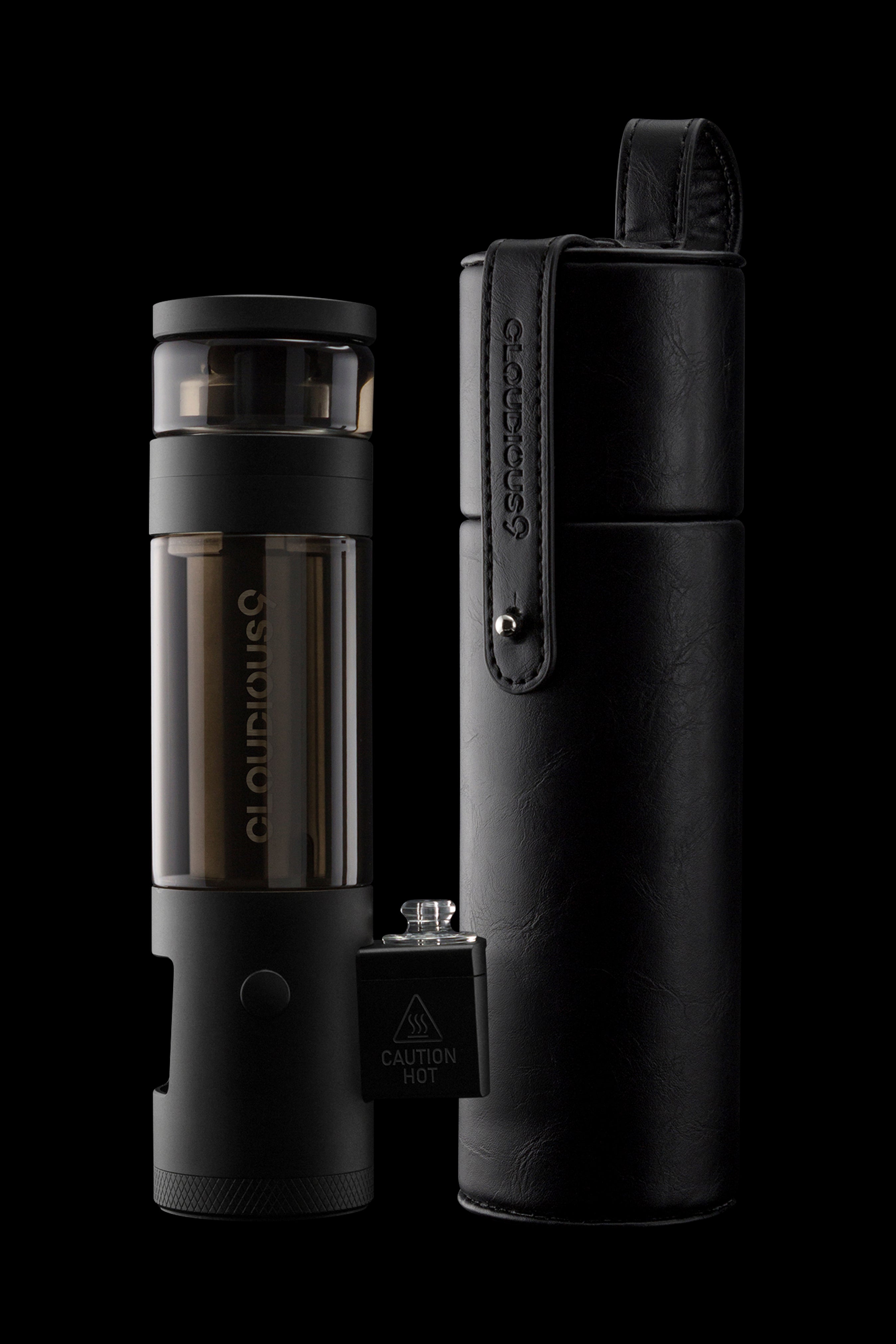 Black Cloudious9 vaporizer pen and carrying case on a dark background.