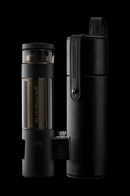 Black Cloudious9 vaporizer pen and carrying case on a dark background.