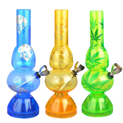 A front view of the Mini Acrylic Double Bubble Water Pipe with Built in Grinder Base, featuring a stacked double-bubble design in translucent blue and yellow.