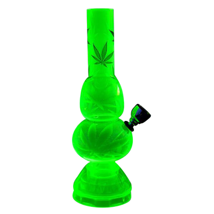 Front view of the Mini Acrylic Double Bubble Water Pipe with Built in Grinder Base, a small, green acrylic water pipe with a double-bubble design.