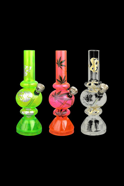 Front view of the Mini Acrylic Bubble Water Pipe with Grinder Base, showcasing a colorful, bubble-shaped acrylic pipe on a black background.
