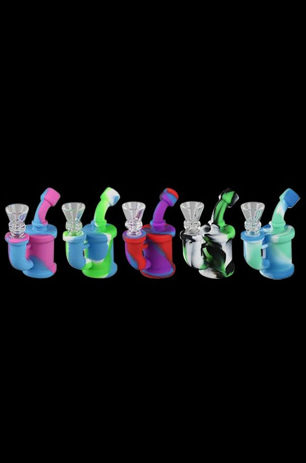 Front view of the "Rig for Ants" Mini Silicone Waterpipe, a colorful, compact rig against a dark background.