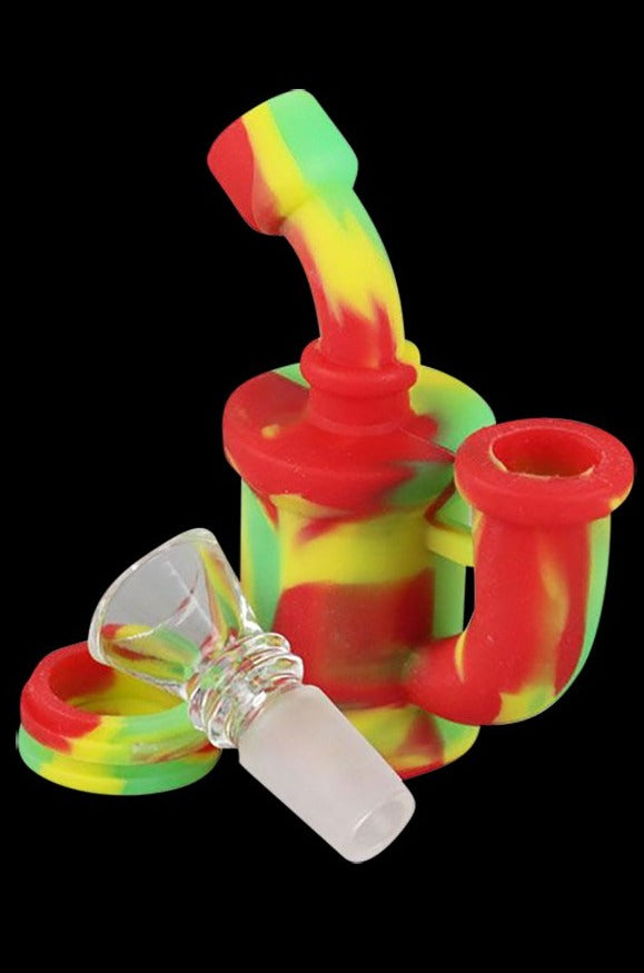 Front view of the “Rig for Ants” Mini Silicone Waterpipe, a small, colorful waterpipe with a rounded base and visible joint.