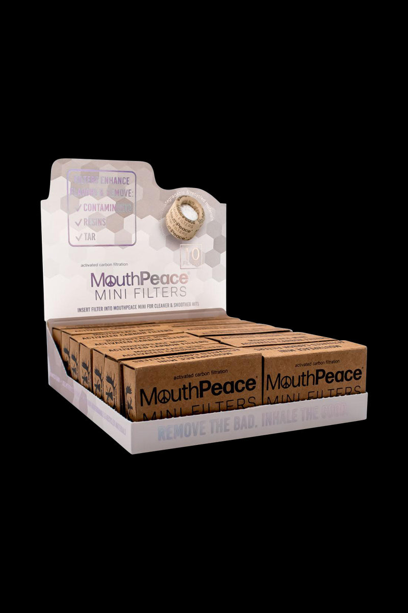 A close-up, angled view of the MouthPeace Mini Carbon Filters Refill -14 Pack, showing the packaging and filter details.