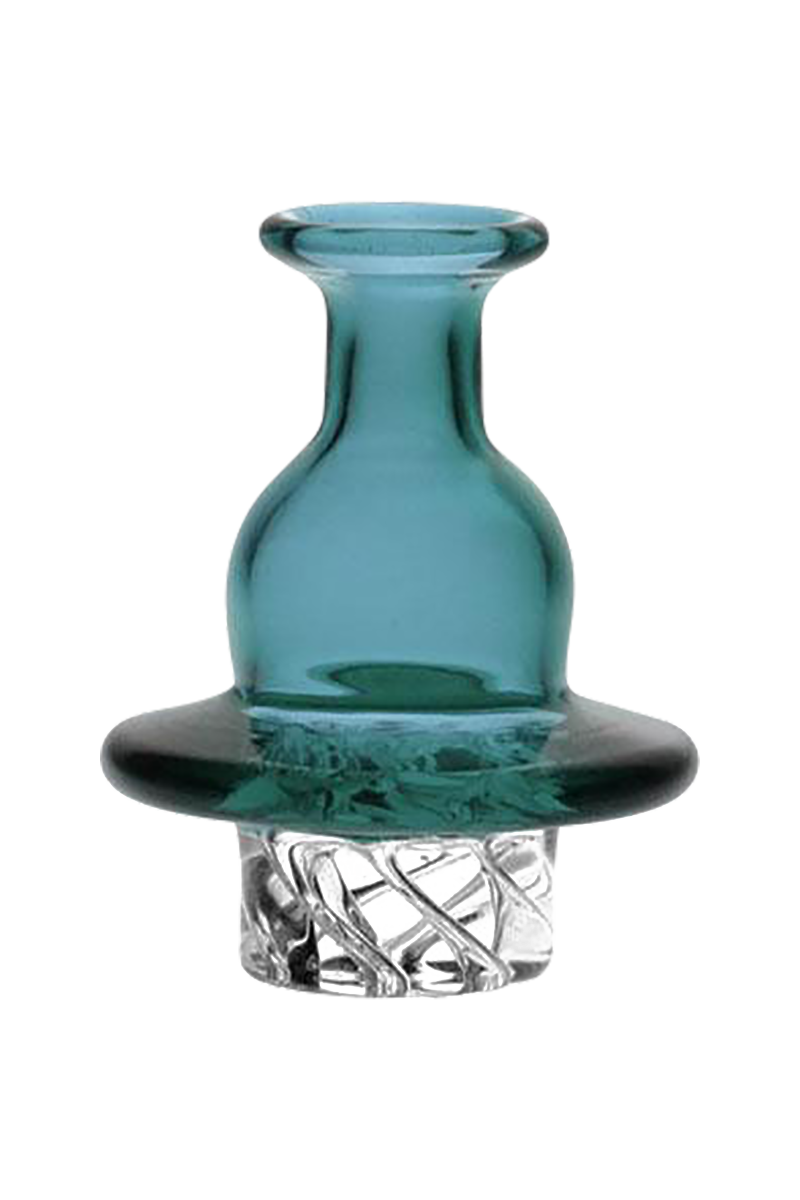 A slightly angled view of the Muli-Directional 37mm Carb Cap in translucent blue glass, showing its rounded, directional design.