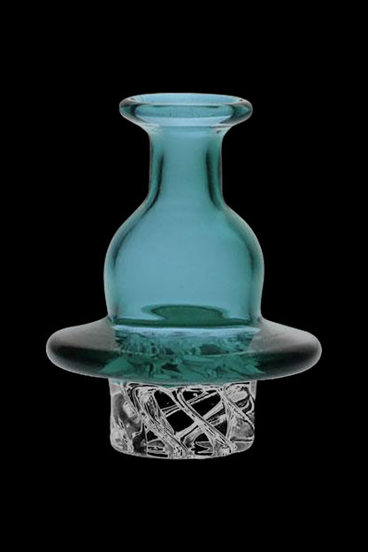 A close-up, angled view of the Muli-Directional 37mm Carb Cap, featuring a swirling glass design and a rounded top.