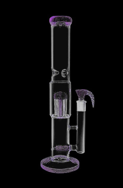 A studio shot of the Inline Showerhead Perc to Domed Tree Perc Big Bong, displaying its clear glass construction and multi-level perc design.