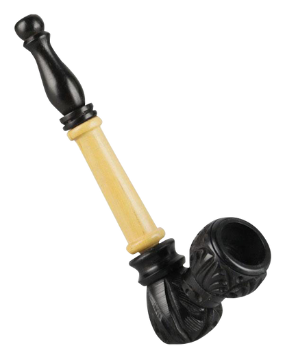 A detailed side view of the Multi Wood Carved Sherlock Pipe, featuring a sculpted wooden bowl and stem.