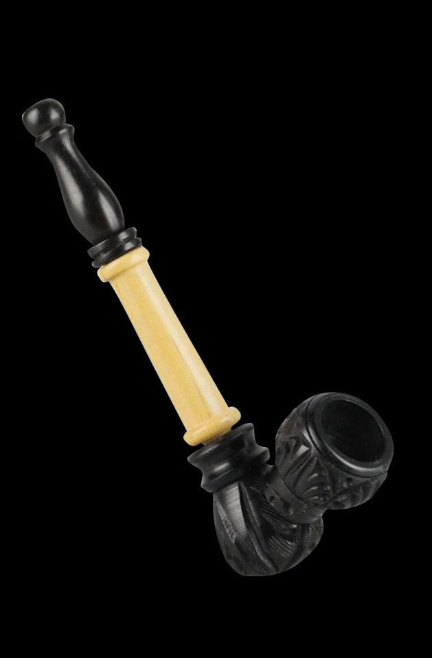 A side view of the Multi Wood Carved Sherlock Pipe shows a curved, wooden stem and carved detailing.