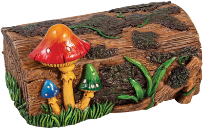 Front view of the Mushroom Themed Stash Box, carved to resemble wood with colorful mushroom details and green moss accents.