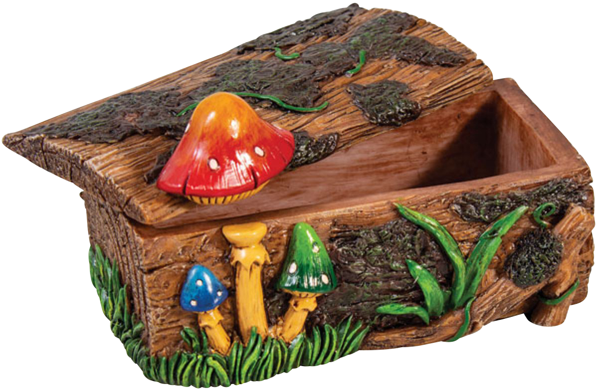Mushroom Themed Stash Box shown from above, featuring a textured, wooden design resembling a mushroom cap with green moss detailing.