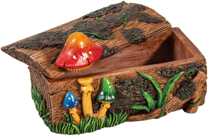 Mushroom Themed Stash Box shown from above, featuring a textured, wooden design resembling a mushroom cap with green moss detailing.