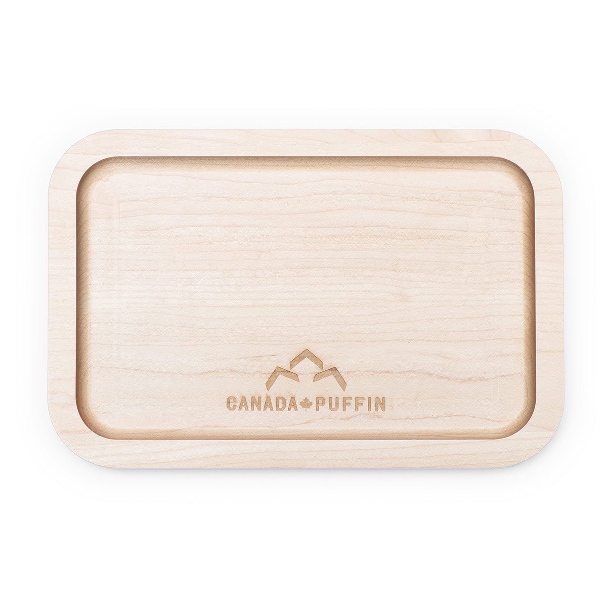 Overhead view of the Canada Puffin Muskoka Rolling Tray, a rectangular wooden tray with a smooth, natural finish.