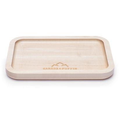 Overhead view of the Canada Puffin Muskoka Rolling Tray, showing a flat, wooden surface with a smooth, rectangular shape.