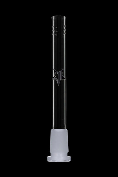 Clear glass bong with a branded logo, studio shot on black background.