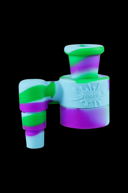 A close-up shot of the NoGoo Goo-Catcher Silicone Reclaimer, showing its colorful, curved design against a dark background.