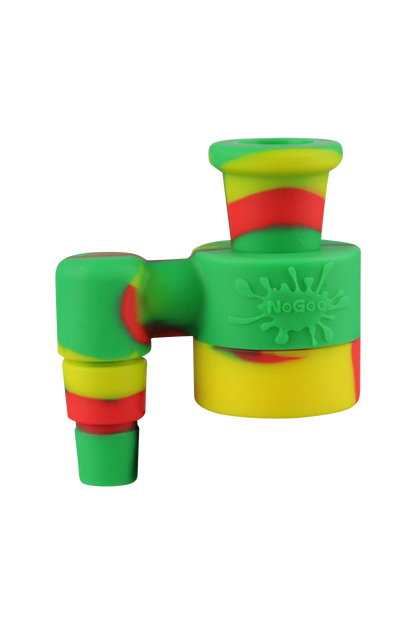A close-up shows the NoGoo Goo-Catcher Silicone Reclaimer in vibrant green and red, angled slightly against a dark backdrop.