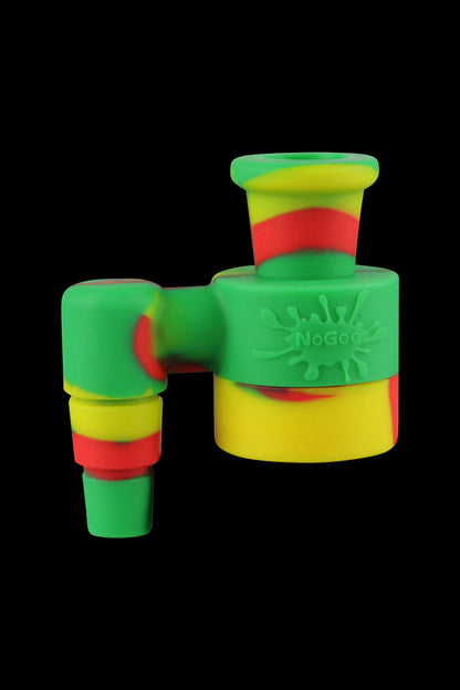 A close-up, angled view of the NoGoo Goo-Catcher Silicone Reclaimer, showcasing its colorful, curved design.