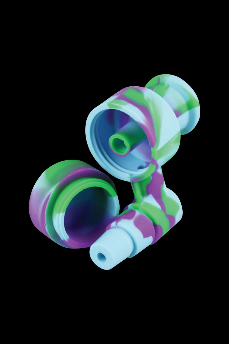 A close-up, angled view of the NoGoo Goo-Catcher Silicone Reclaimer, showing its translucent, swirled color and rounded shape.