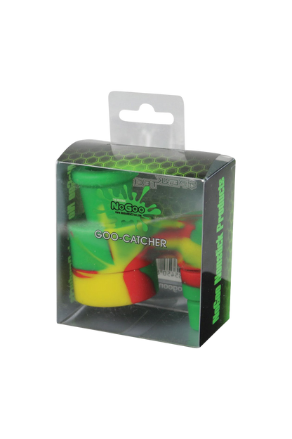 Front view of the NoGoo Goo-Catcher Silicone Reclaimer hanging from a plastic tag against a plain white background.