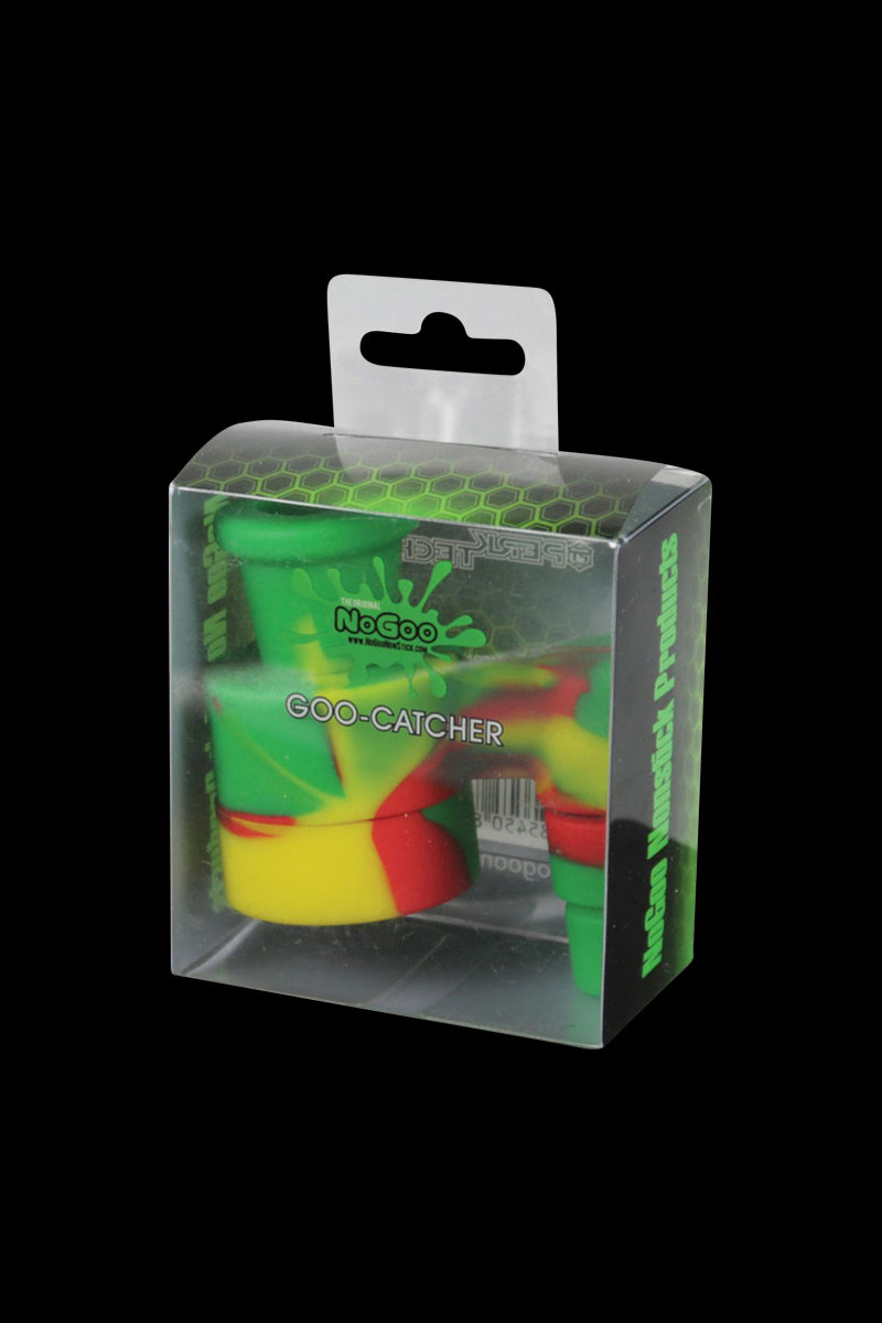 Front view of the NoGoo Goo-Catcher Silicone Reclaimer, showcasing its small size and translucent material against a dark background.