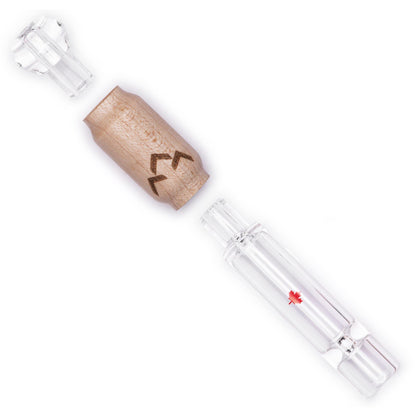 A side view of the Canada Puffin Northern Lights Taster Pipe, showcasing its clear glass construction and simple, handheld design.