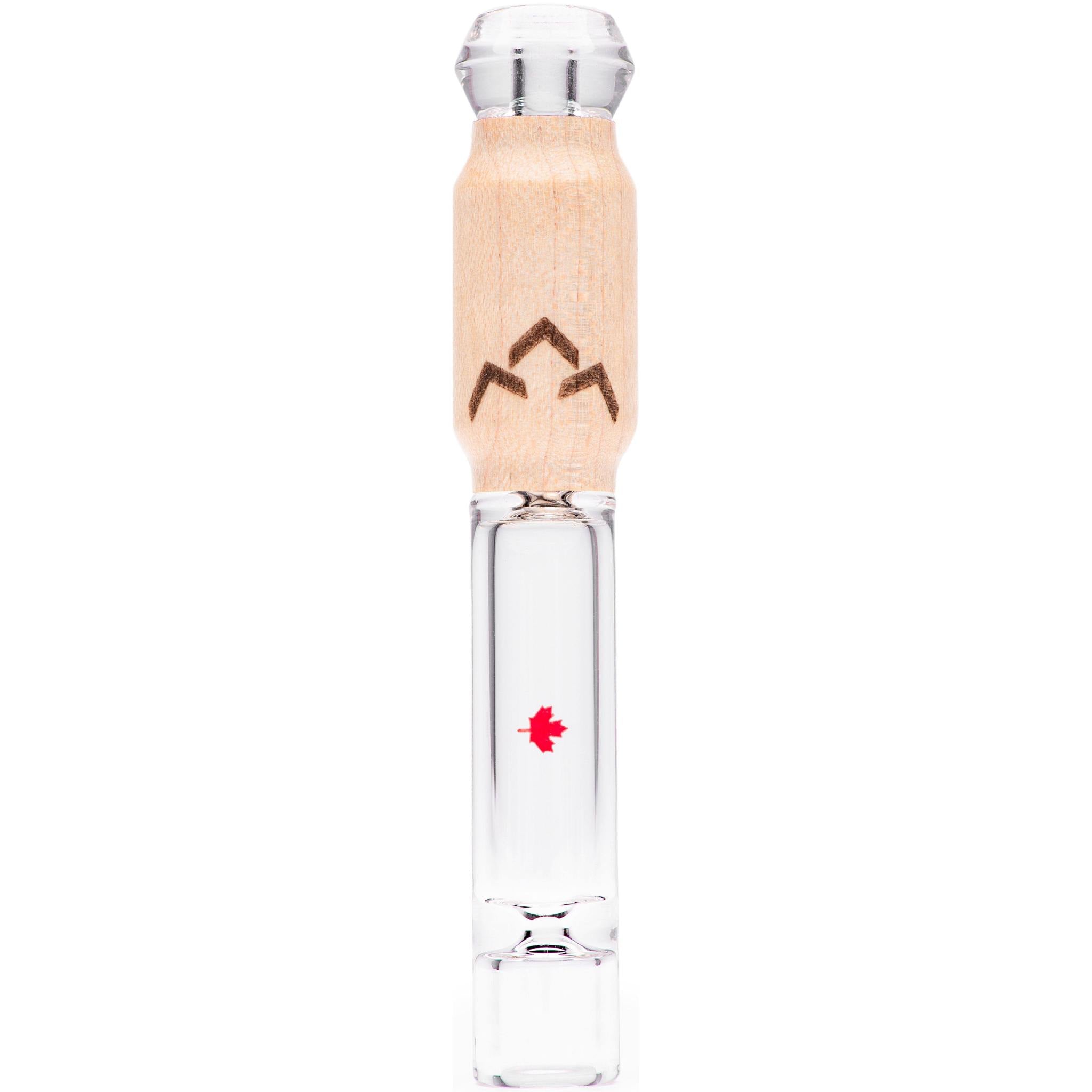 A front view of the Canada Puffin Northern Lights Taster Pipe, a clear glass pipe with a simple, elongated design.