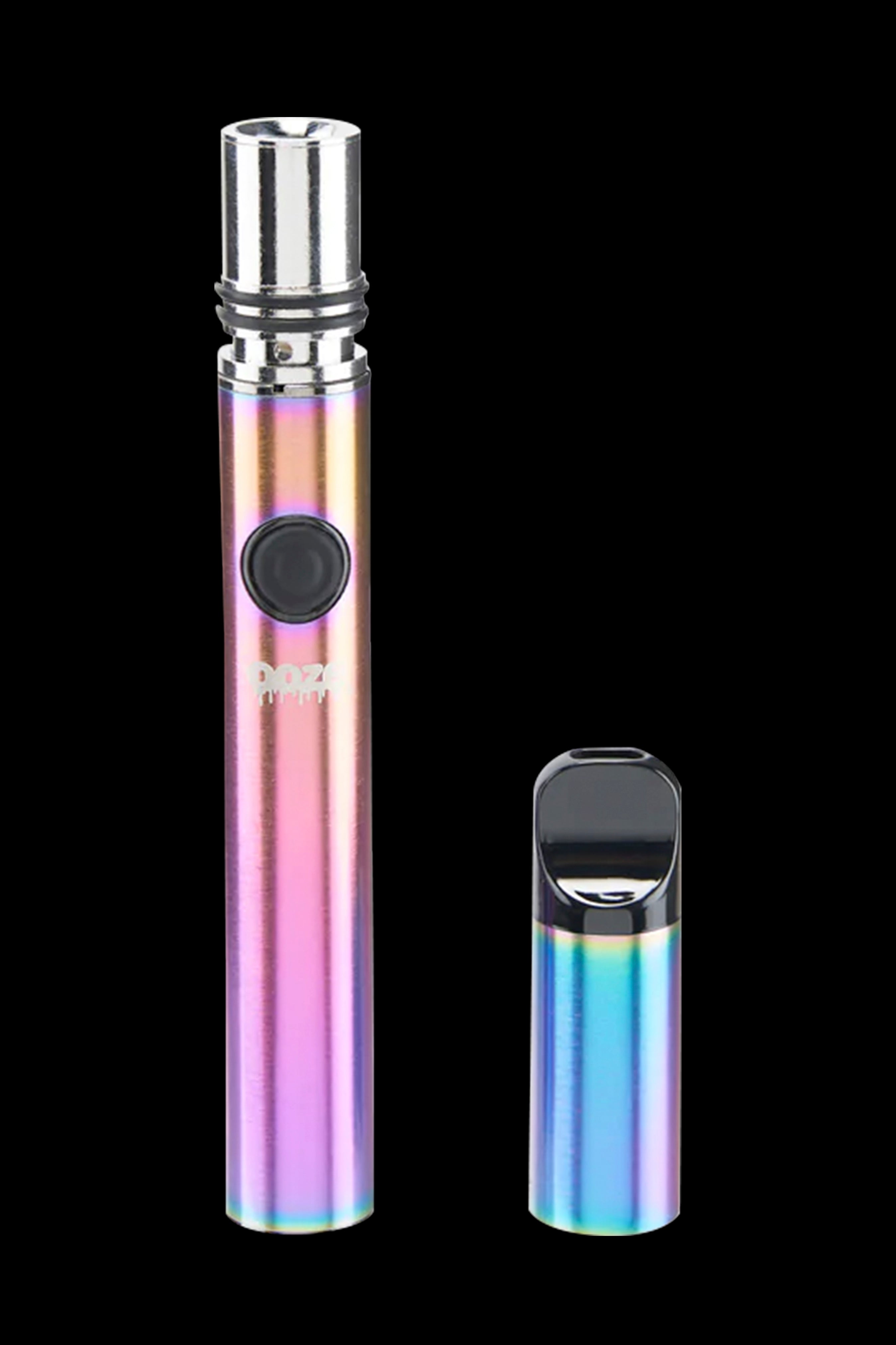 Iridescent cannabis oil vape pen and cartridge isolated on a black background.