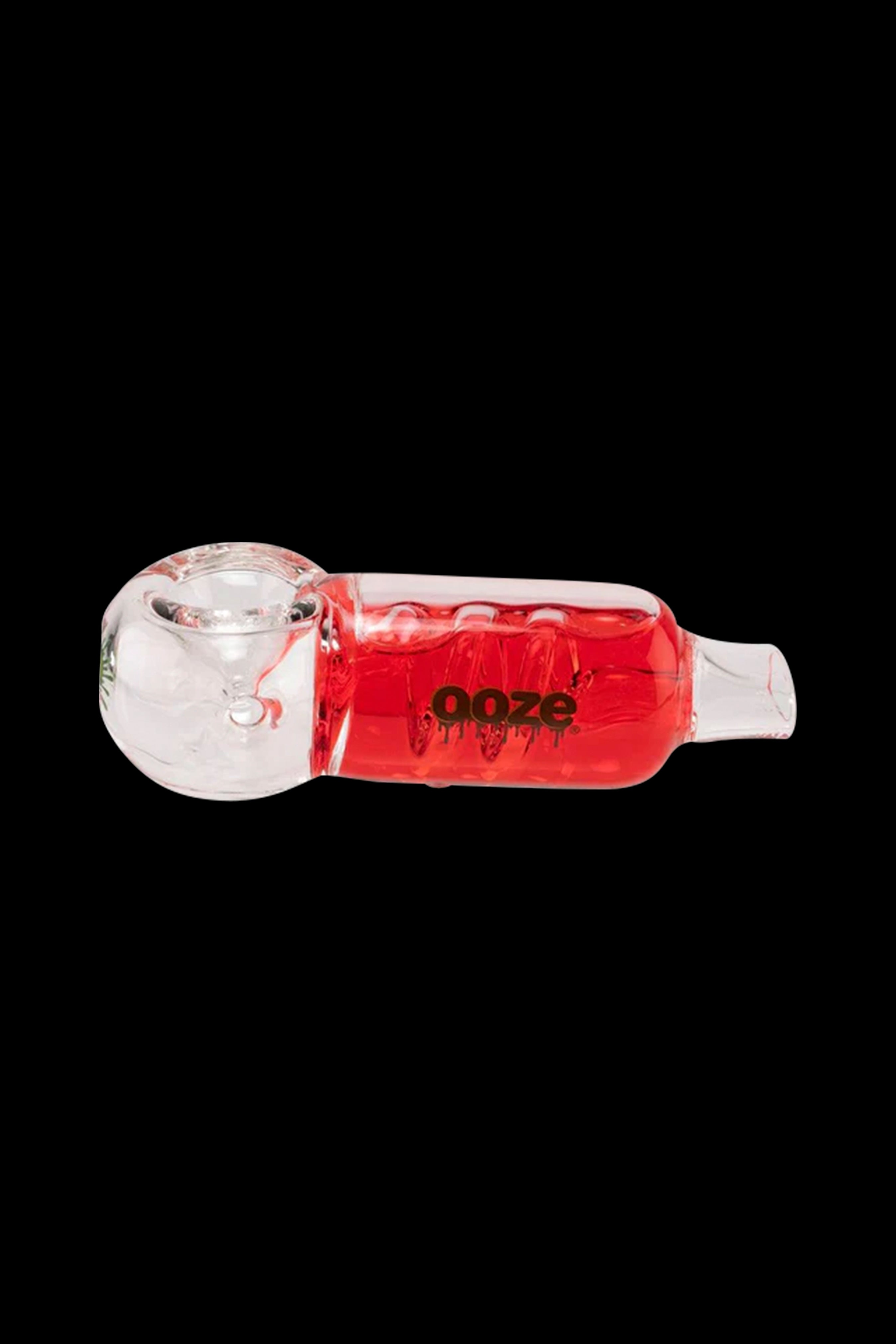 Red glass pipe with "ooze" branding, isolated on a black background.