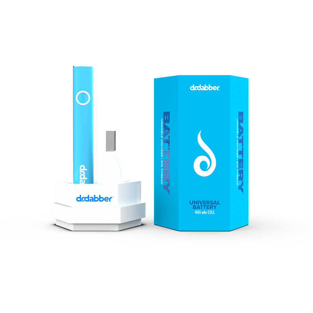 Front view of the Dr. Dabber Universal 510 Threaded Battery, a blue cylindrical device with minimal branding.