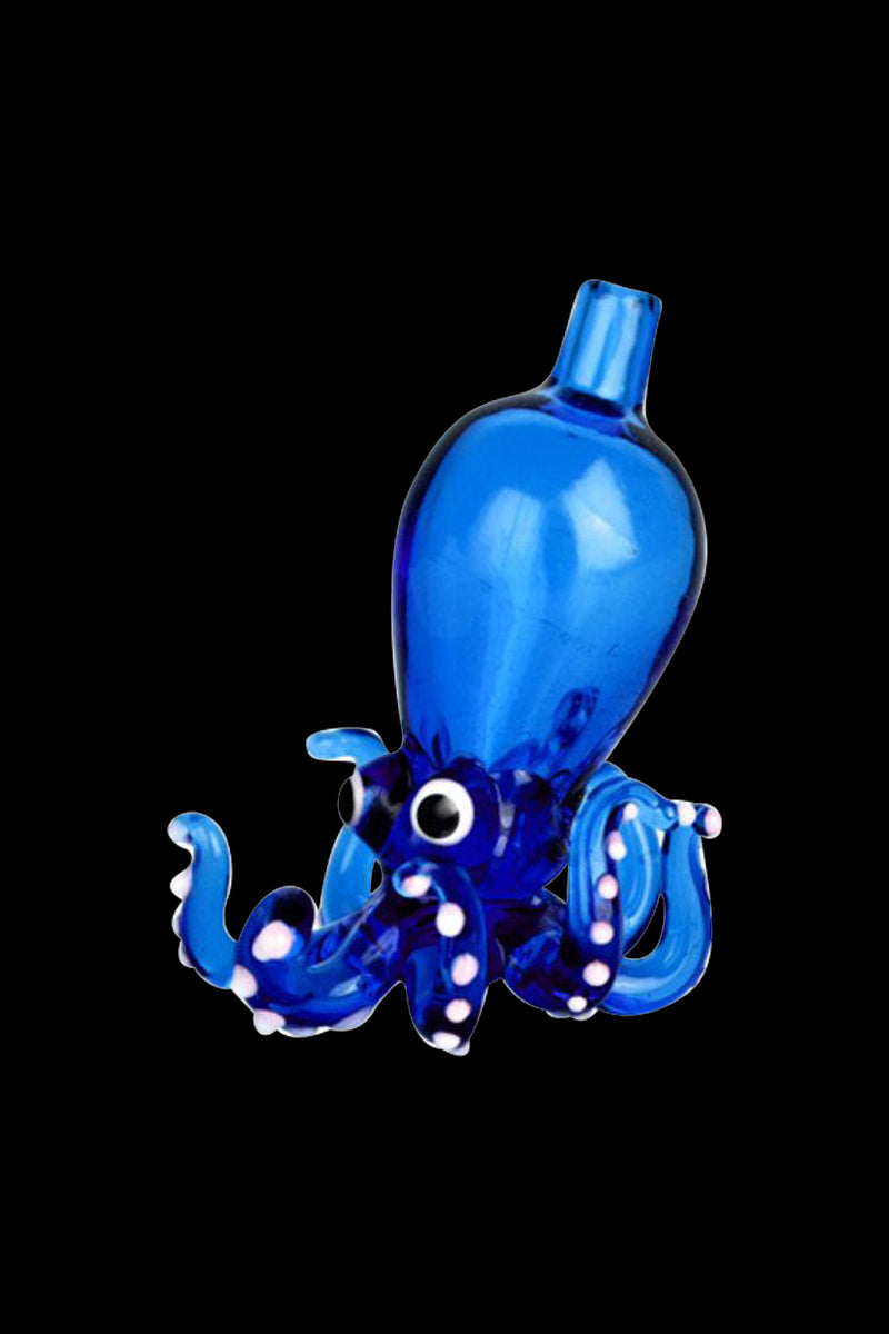 A detailed, angled view of the Octopus Themed Directional Carb Cap, showcasing its blue, swirling design against a black background.