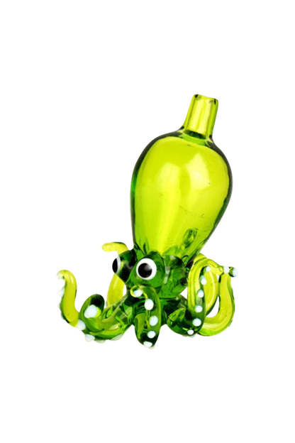 A close-up shows the Octopus Themed Directional Carb Cap, a vibrant green glass cap with curled, tentacle-like details.