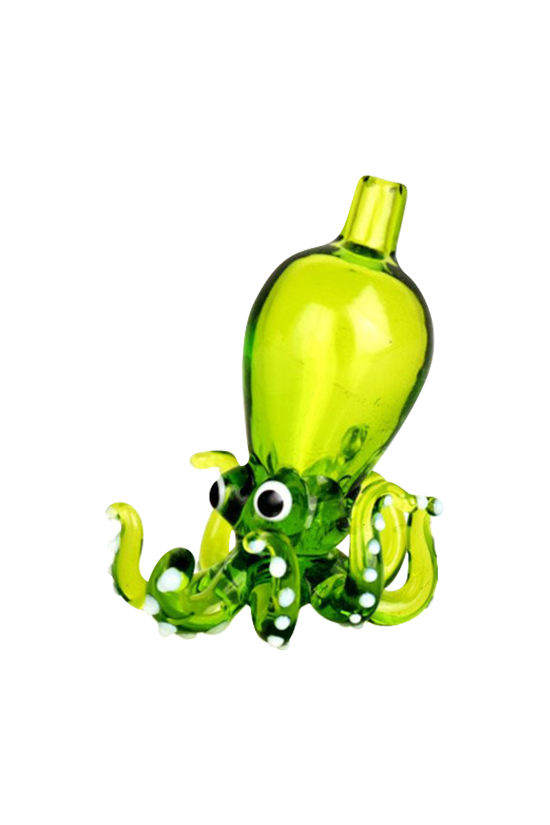 A close-up shows the Octopus Themed Directional Carb Cap, a vibrant green glass cap with curled, tentacle-like details.
