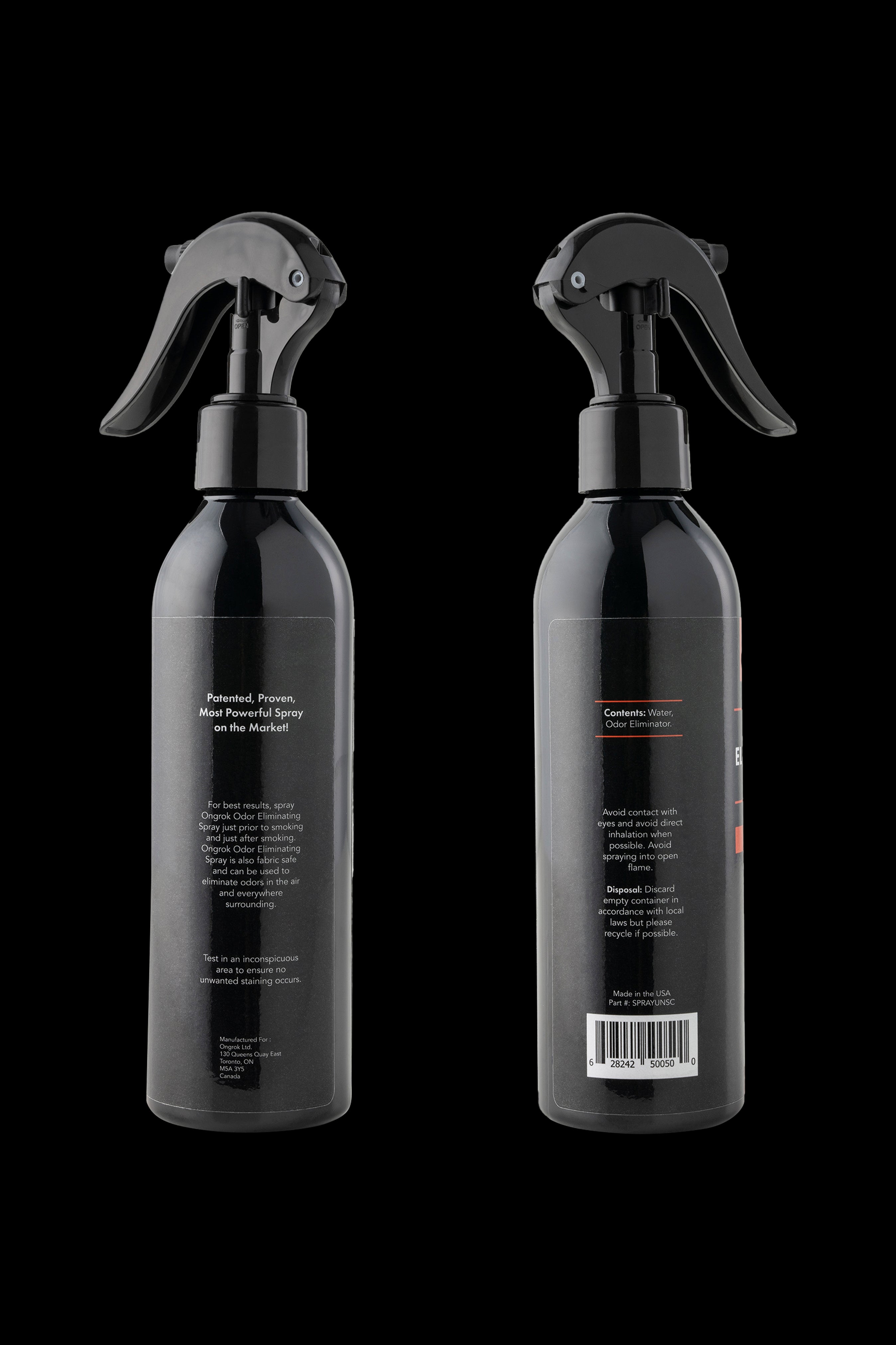 Two black spray bottles labeled “OdorX” for eliminating cannabis smells, positioned against a dark background. The labels detail usage instructions and safety precautions.