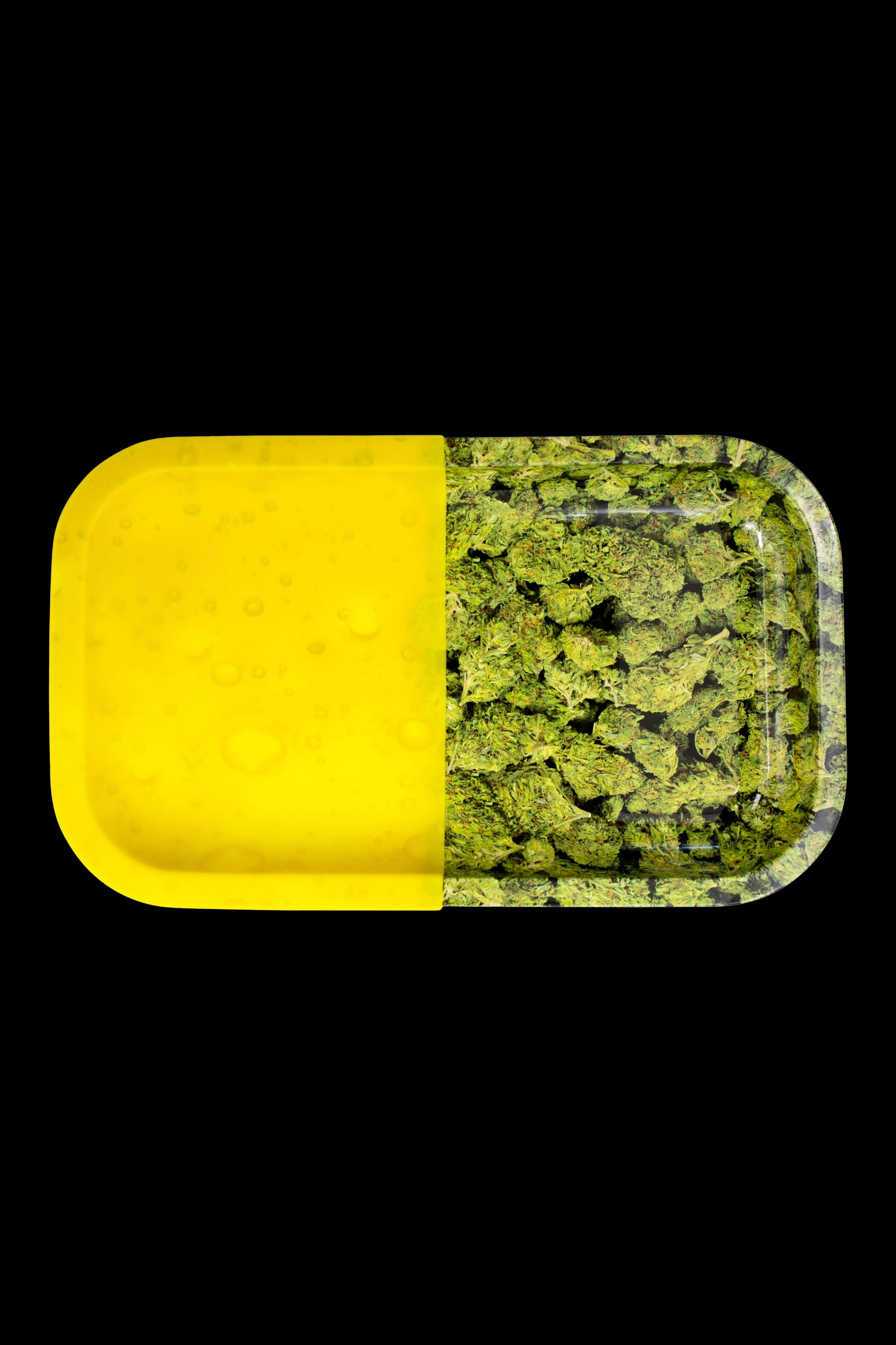 Yellow and green cannabis rolling tray filled with dried flower.
