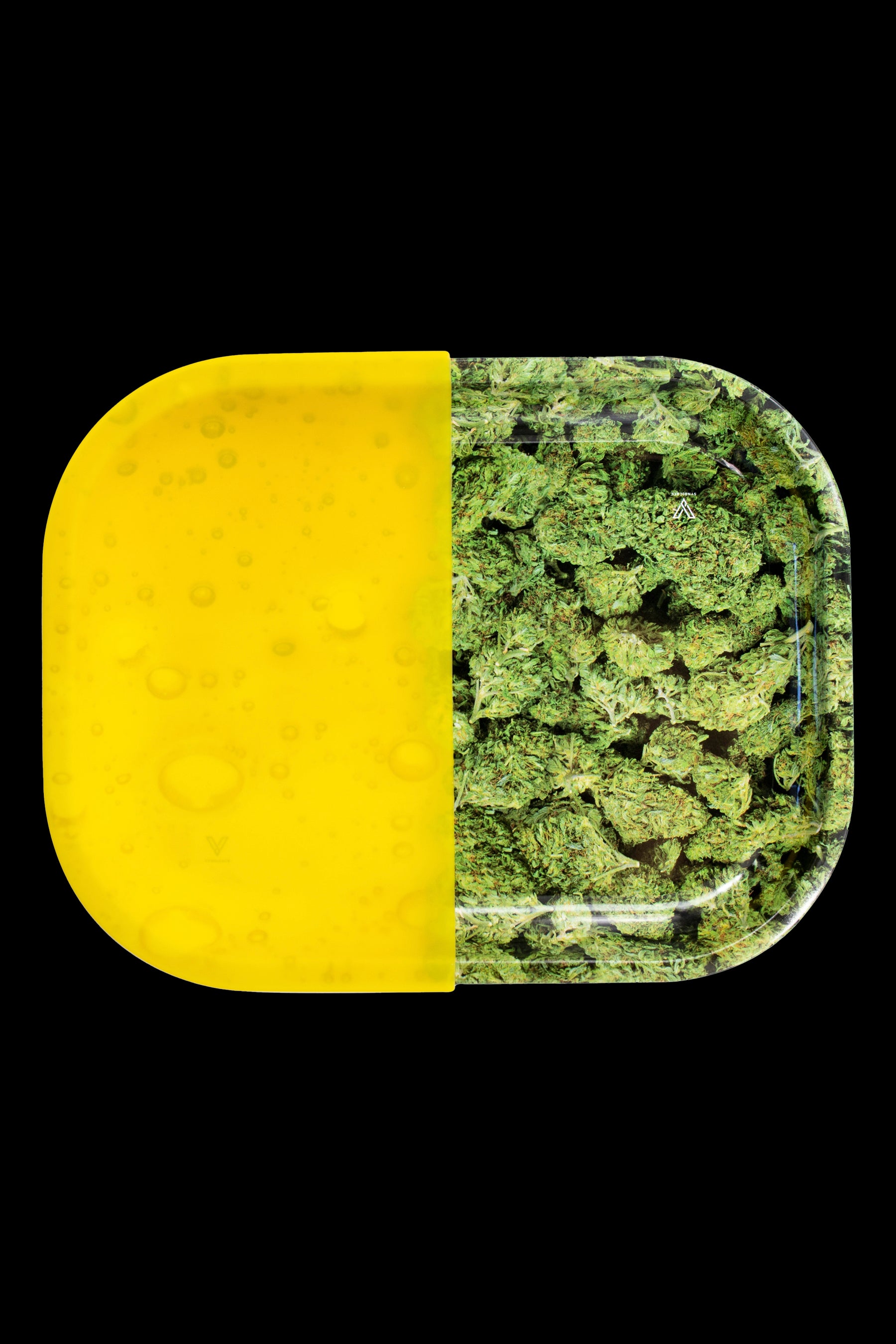 A split-color cannabis storage case, one half bright yellow, the other filled with green cannabis buds.