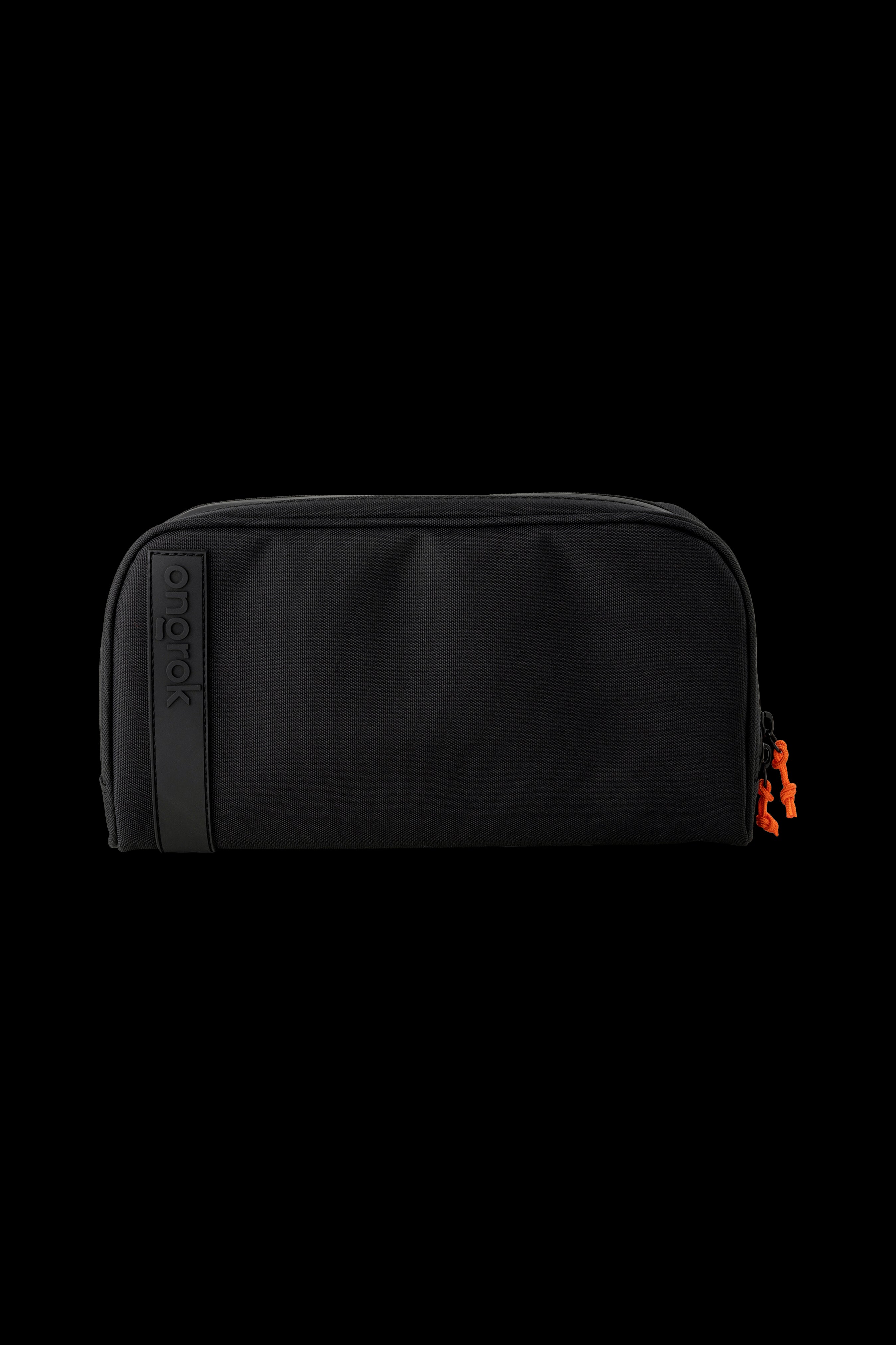 Black cannabis accessories case with orange zipper pulls.