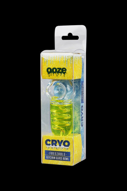 Front view of the Ooze Cryo Freezable Pipe, showcasing its clear glass construction and packaged presentation.