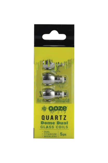 A close-up of the Ooze Dual Quartz Glass Dome Coils - 5 Pack, showing the coils neatly arranged in their clear plastic packaging.