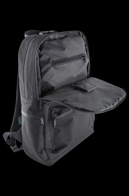 Front view of the Ooze Smell Proof Backpack, a black, zippered bag with multiple compartments and adjustable shoulder straps.