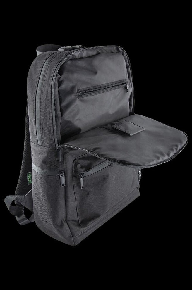 Front view of the Ooze Smell Proof Backpack, a black, zippered bag with multiple compartments and adjustable shoulder straps.