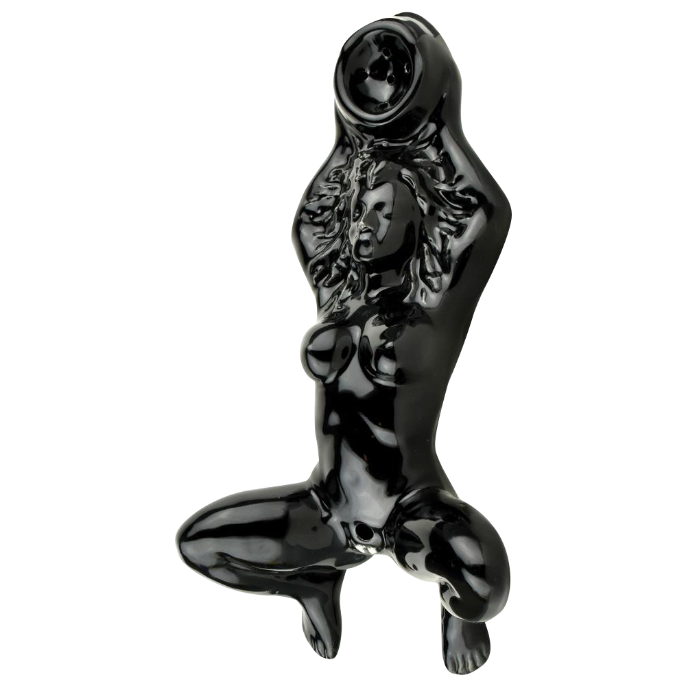 A front view of the Oracle at Delphi Priestess Ceramic Hand Pipe, showcasing its dark ceramic sculpted form.