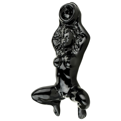 A front view of the Oracle at Delphi Priestess Ceramic Hand Pipe, showcasing its dark ceramic sculpted form.