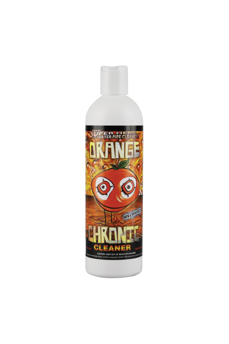Front view of the 12oz Orange Chronic Water Pipe Cleaner bottle, featuring bold graphics on a dark background.