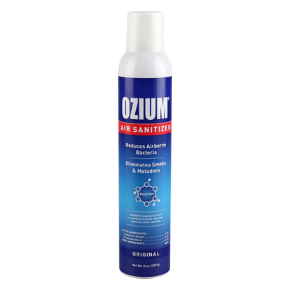 Ozium Original Deodorizing 8oz Aerosol Spray, shown in a close-up, angled shot with blue and white labeling.