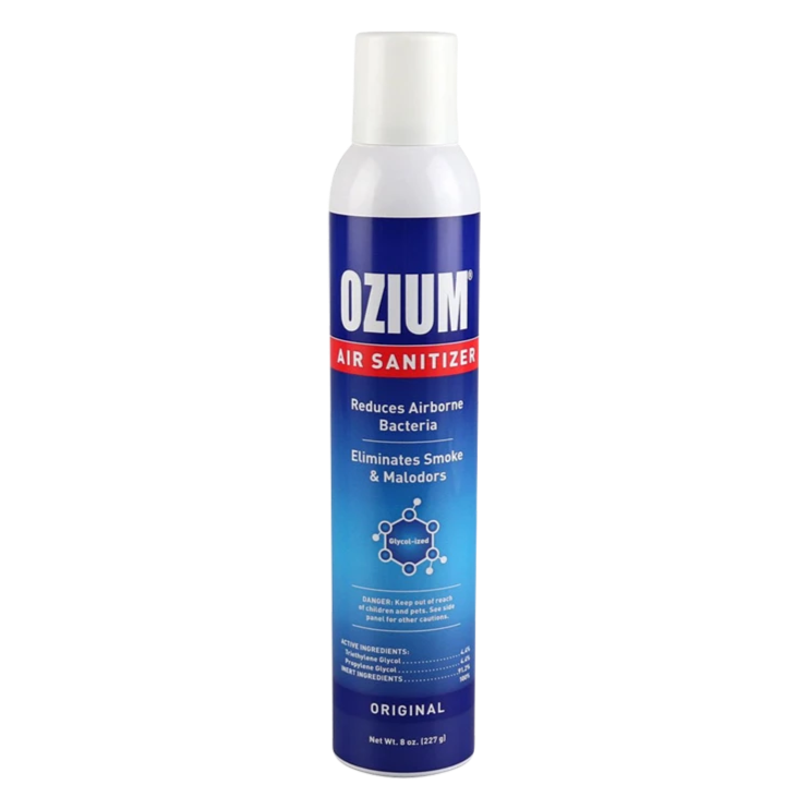 Ozium Original Deodorizing 8oz Aerosol Spray, shown in a close-up, angled shot with blue and white labeling.