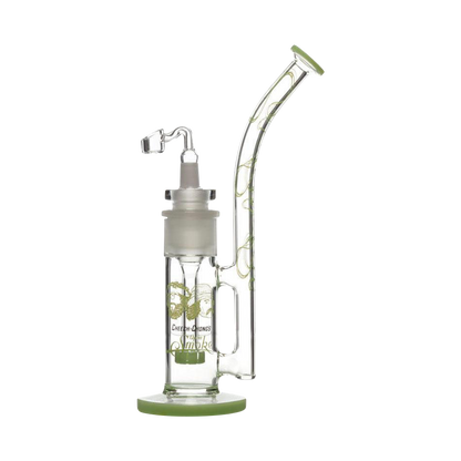 A three-quarter view of the Cheech & Chong "Tied Stick" Dab Rig Bubbler, showcasing its clear glass construction and unique curved design.
