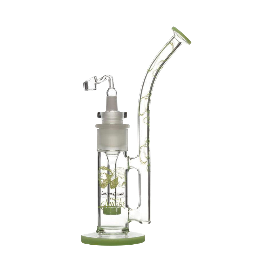 A three-quarter view of the Cheech & Chong "Tied Stick" Dab Rig Bubbler, showcasing its clear glass construction and unique curved design.